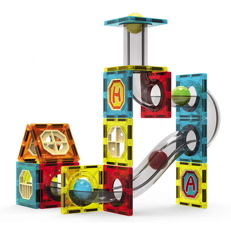 52PCS Jouet éducatif DIY en STEM pour enfants, piste de course avec billes en marbre et construction magnétique 3D Jouets de blocs de construction en tuiles magnétiques pour enfants