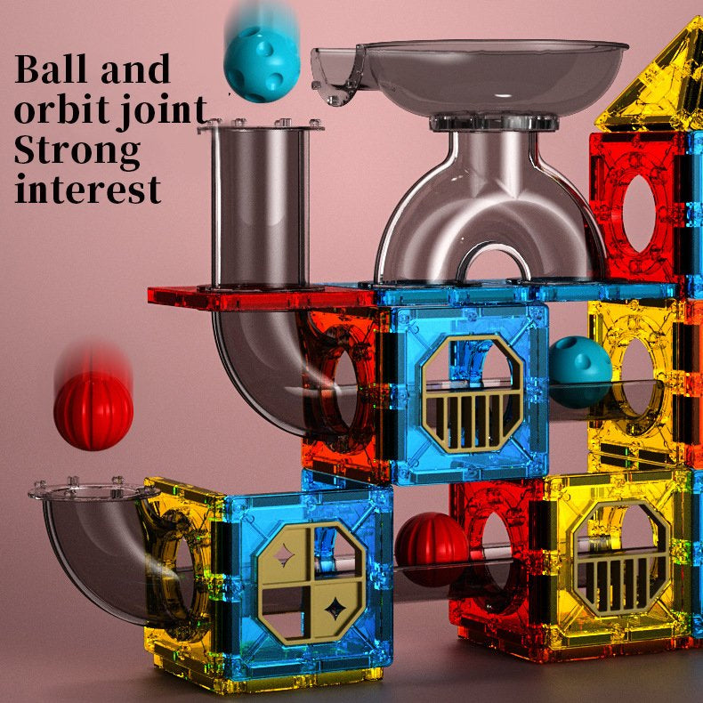 52PCS Jouet éducatif DIY en STEM pour enfants, piste de course avec billes en marbre et construction magnétique 3D Jouets de blocs de construction en tuiles magnétiques pour enfants