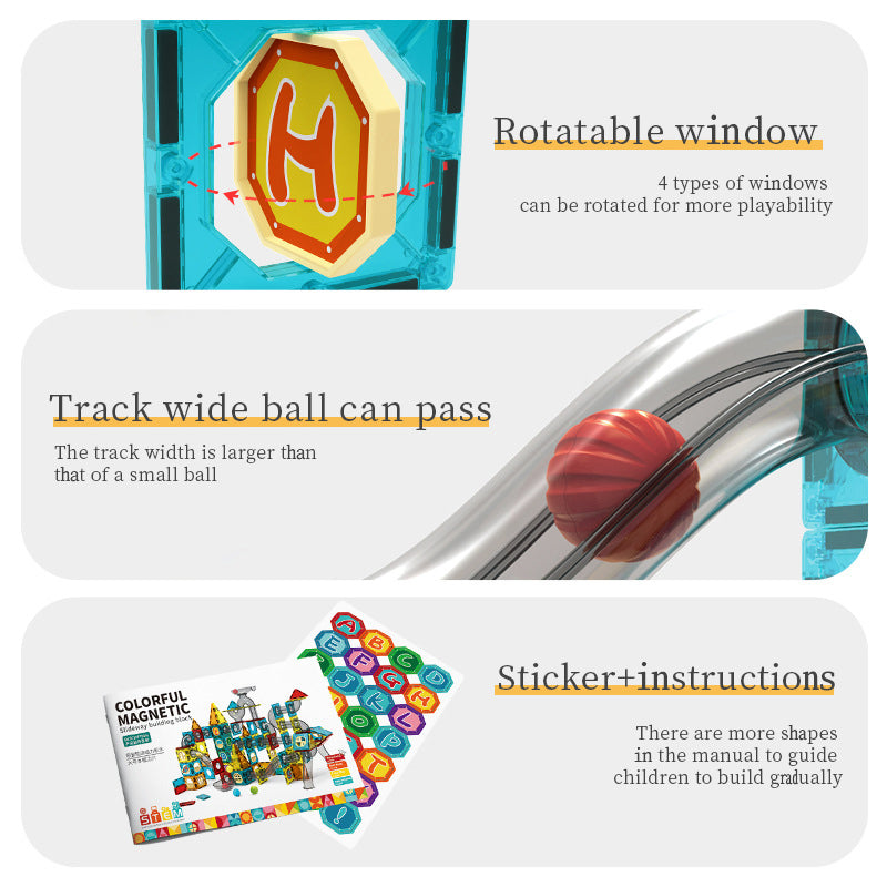 52PCS Jouet éducatif DIY en STEM pour enfants, piste de course avec billes en marbre et construction magnétique 3D Jouets de blocs de construction en tuiles magnétiques pour enfants