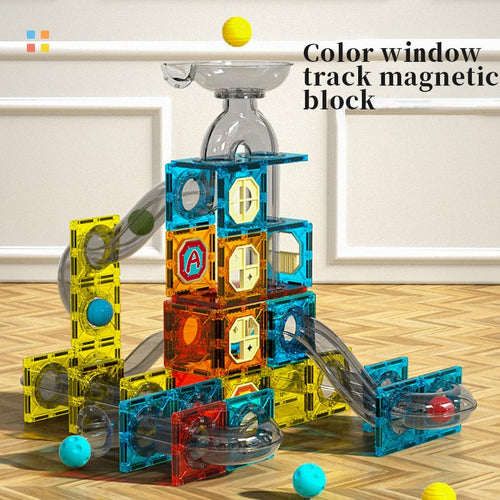 52PCS Jouet éducatif DIY en STEM pour enfants, piste de course avec billes en marbre et construction magnétique 3D Jouets de blocs de construction en tuiles magnétiques pour enfants
