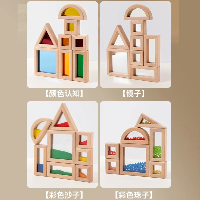 Blocs de Construction Arc-en-Ciel en Bois et Acrylique Transparent – Jeu Créatif d’Éducation
