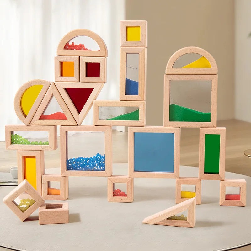 Blocs de Construction Arc-en-Ciel en Bois et Acrylique Transparent – Jeu Créatif d’Éducation