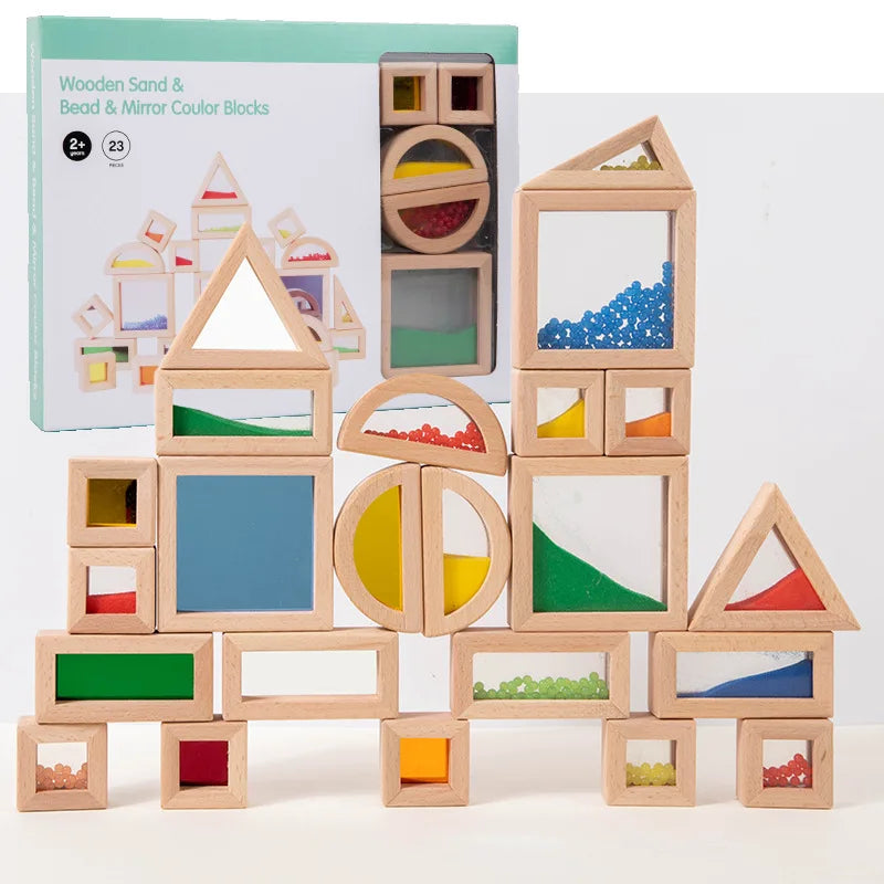 Blocs de Construction Arc-en-Ciel en Bois et Acrylique Transparent – Jeu Créatif d’Éducation