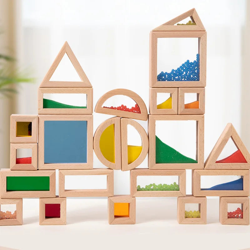 Blocs de Construction Arc-en-Ciel en Bois et Acrylique Transparent – Jeu Créatif d’Éducation