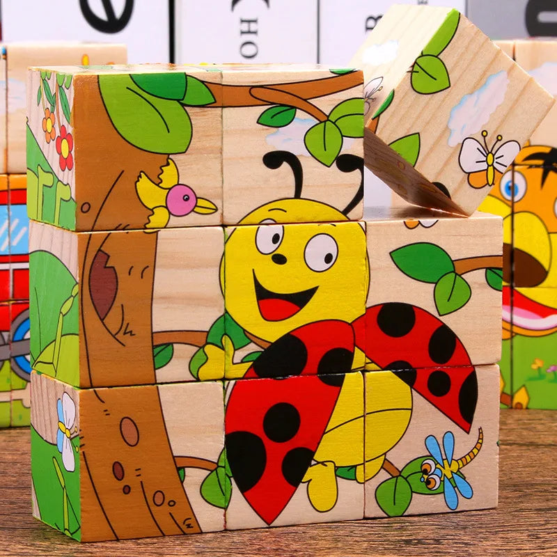 Cubes en Bois Bébé 6 Faces – Puzzle Éducatif Animaux, Fruits & Transport | Jeu Montessori