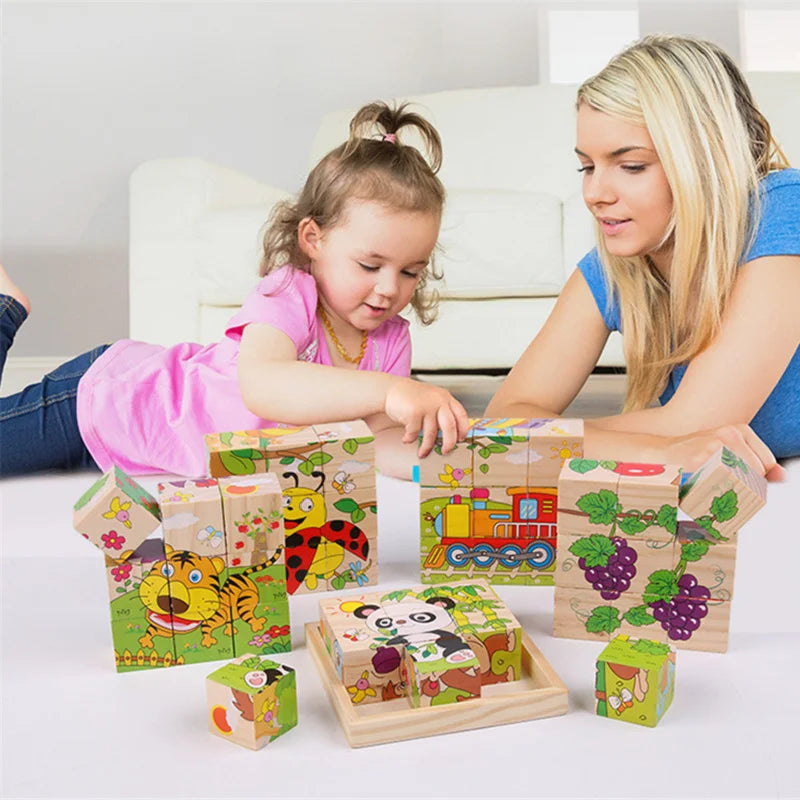Cubes en Bois Bébé 6 Faces – Puzzle Éducatif Animaux, Fruits & Transport | Jeu Montessori