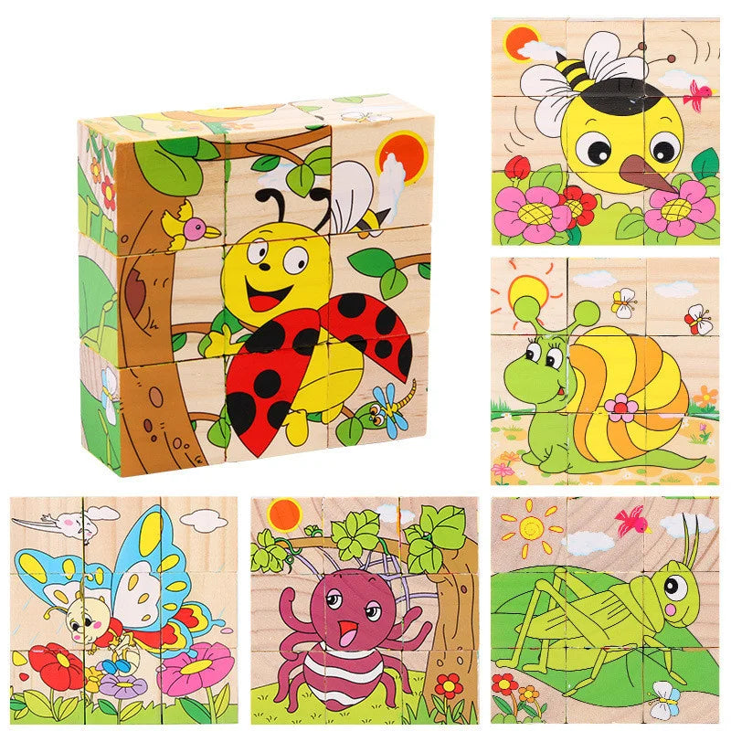 Baby Toys Wooden Blocks Six Side Cube Jigsaw Puzzles Game Animal Fruit Traffic Cognition Puzzle Montessori Educational Toys