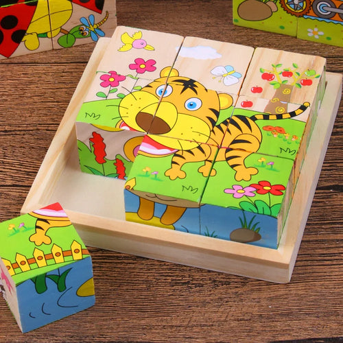Baby Toys Wooden Blocks Six Side Cube Jigsaw Puzzles Game Animal Fruit Traffic Cognition Puzzle Montessori Educational Toys