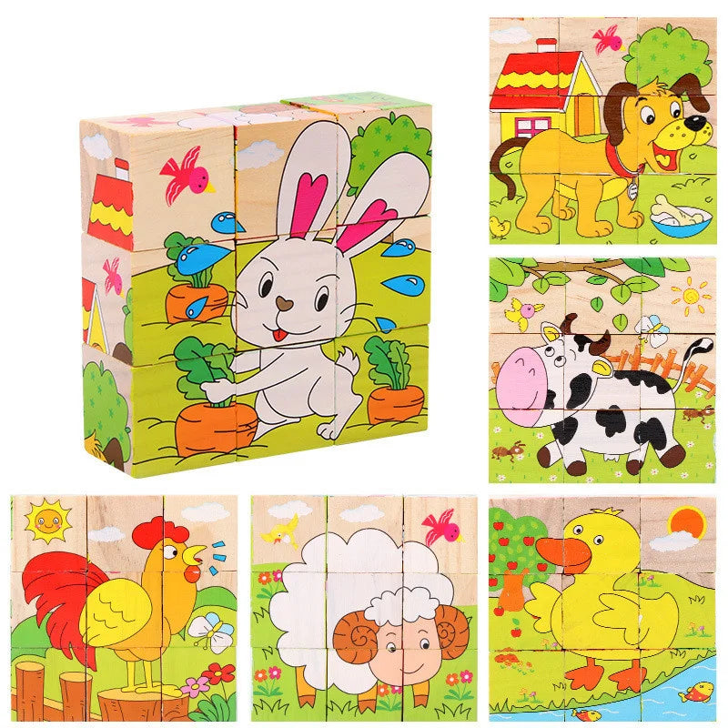 Baby Toys Wooden Blocks Six Side Cube Jigsaw Puzzles Game Animal Fruit Traffic Cognition Puzzle Montessori Educational Toys
