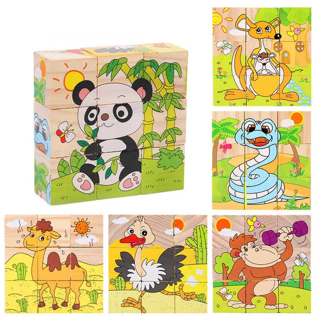 Cubes en Bois Bébé 6 Faces – Puzzle Éducatif Animaux, Fruits & Transport | Jeu Montessori